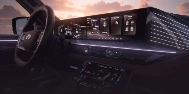 2027 INFINITI QX65 dual-screen infotainment dashboard.