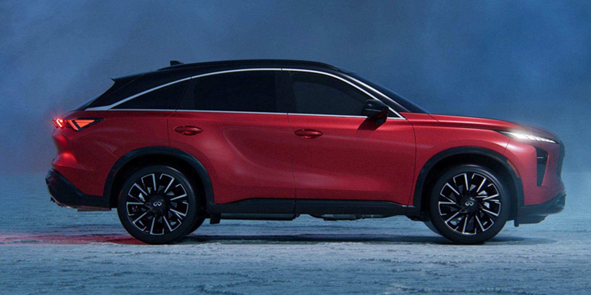 Red 2027 INFINITI QX65 SUV side profile.