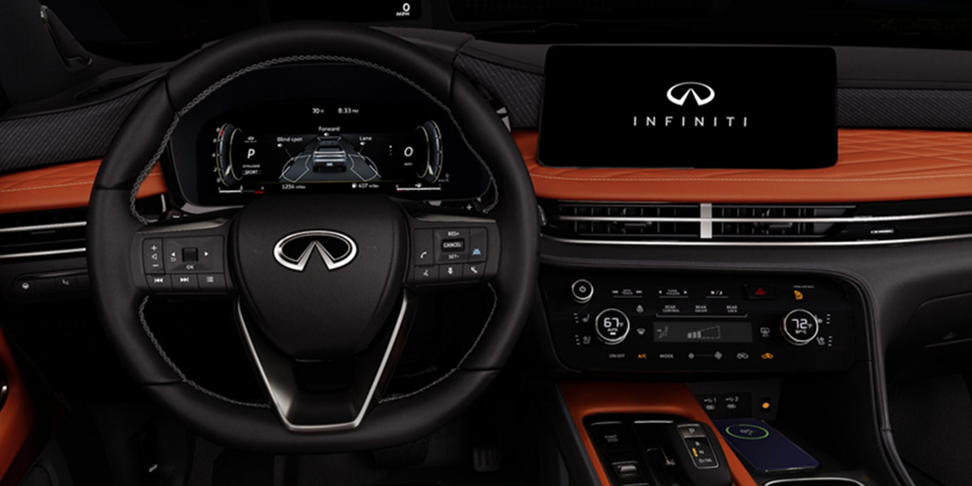 2027 INFINITI QX65 cockpit with digital displays.